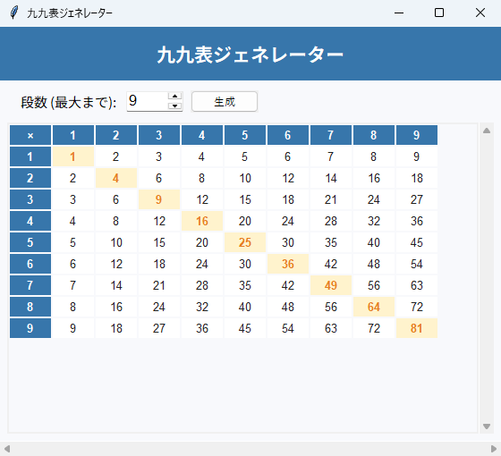九九表ジェネレーター 実行画面（Windows）
