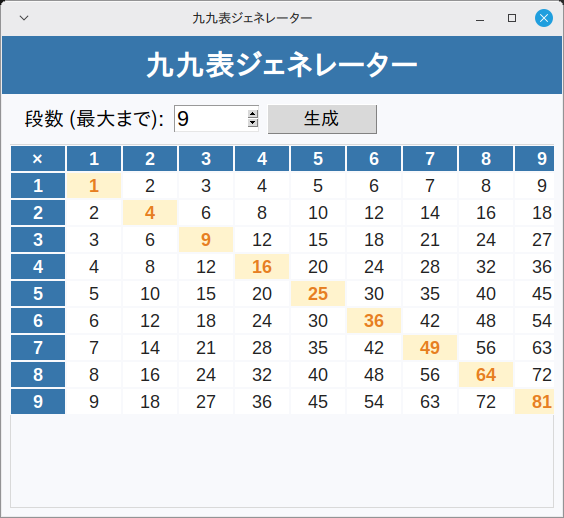 九九表ジェネレーター 実行画面（Linux Mint）