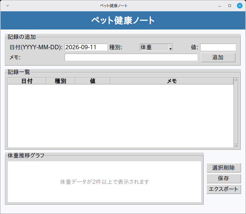 ペット健康ノート 実行画面（Linux Mint）