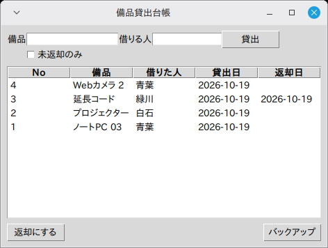 備品貸出台帳の画面。上に備品・借りる人の入力欄と貸出ボタン、一覧にノートPC 03・プロジェクター・延長コード・Webカメラ 2の4行があり、延長コードだけ返却日が入っている。下に返却にする・バックアップのボタン。人名は架空