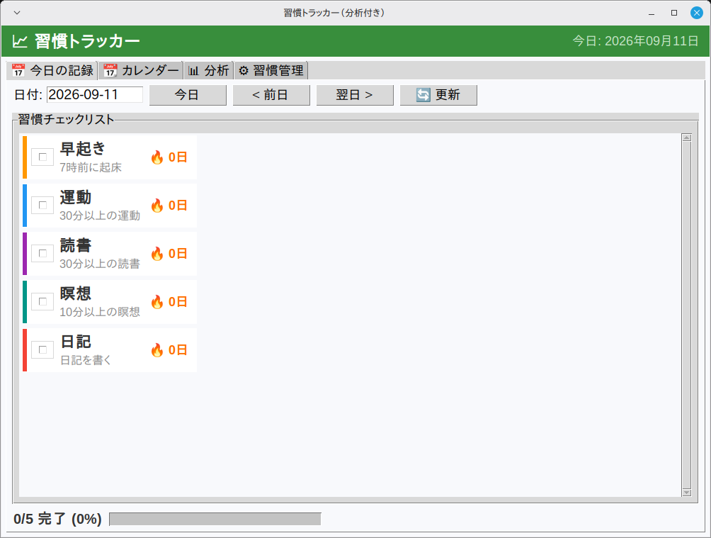 習慣トラッカー（分析付き） 実行画面（Linux Mint）
