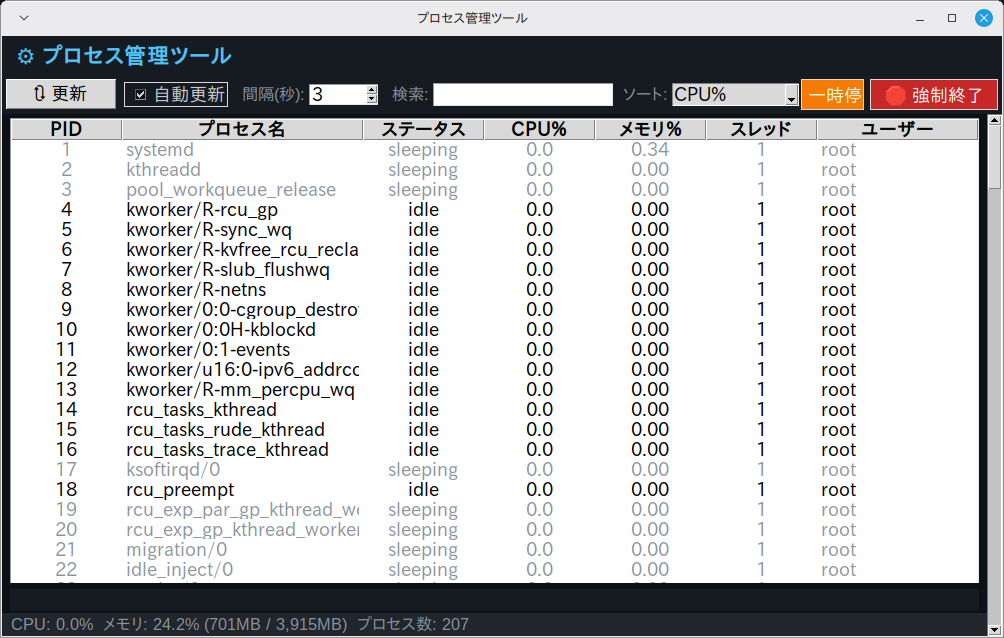 プロセス管理ツール 実行画面（Linux Mint）
